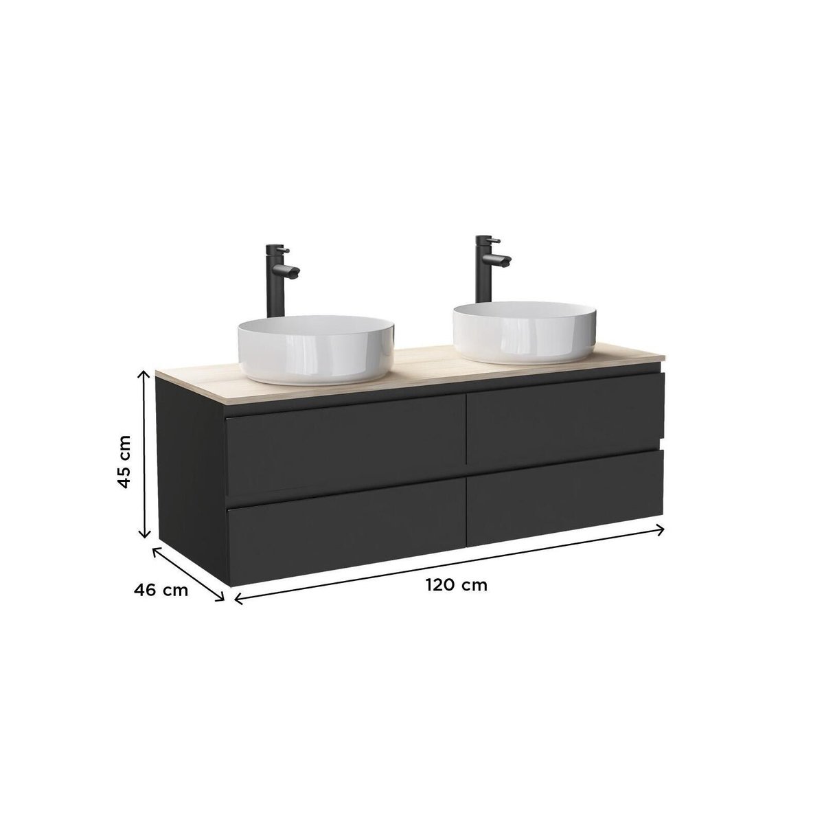 Ensemble meuble double vasque suspendu 120cm SORRENTO noir, MOB IN