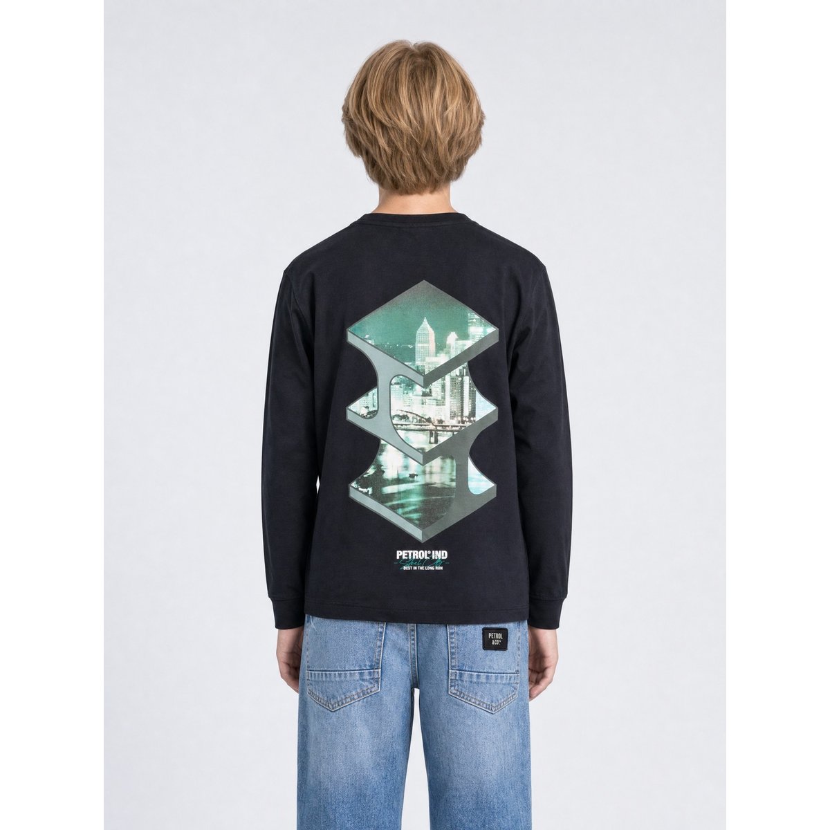 T-shirt manches longues en coton bleu steellake noir deep black, PETROL INDUSTRIES