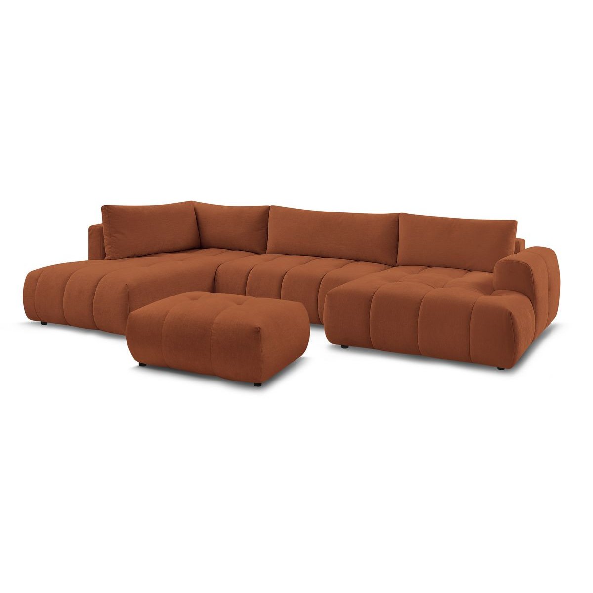 Canapé panoramique convertible 5 places en tissu lisse avec pouf, FUJI orange, BOBOCHIC
