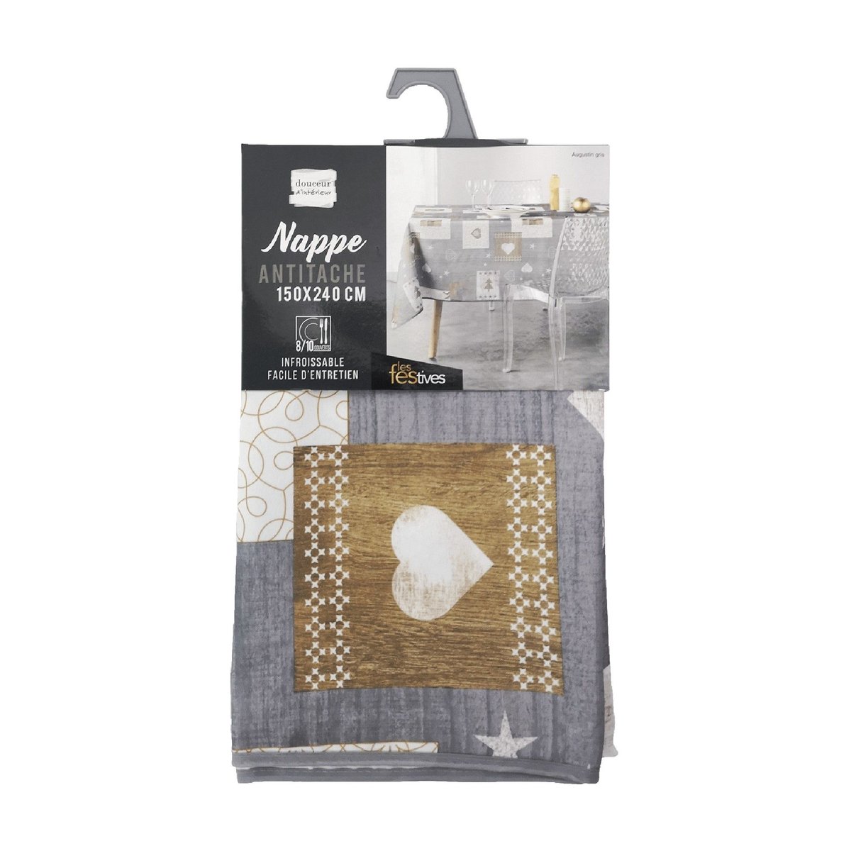 Nappe rectangulaire antitache et infroissable CŒURS gris, TOILINUX