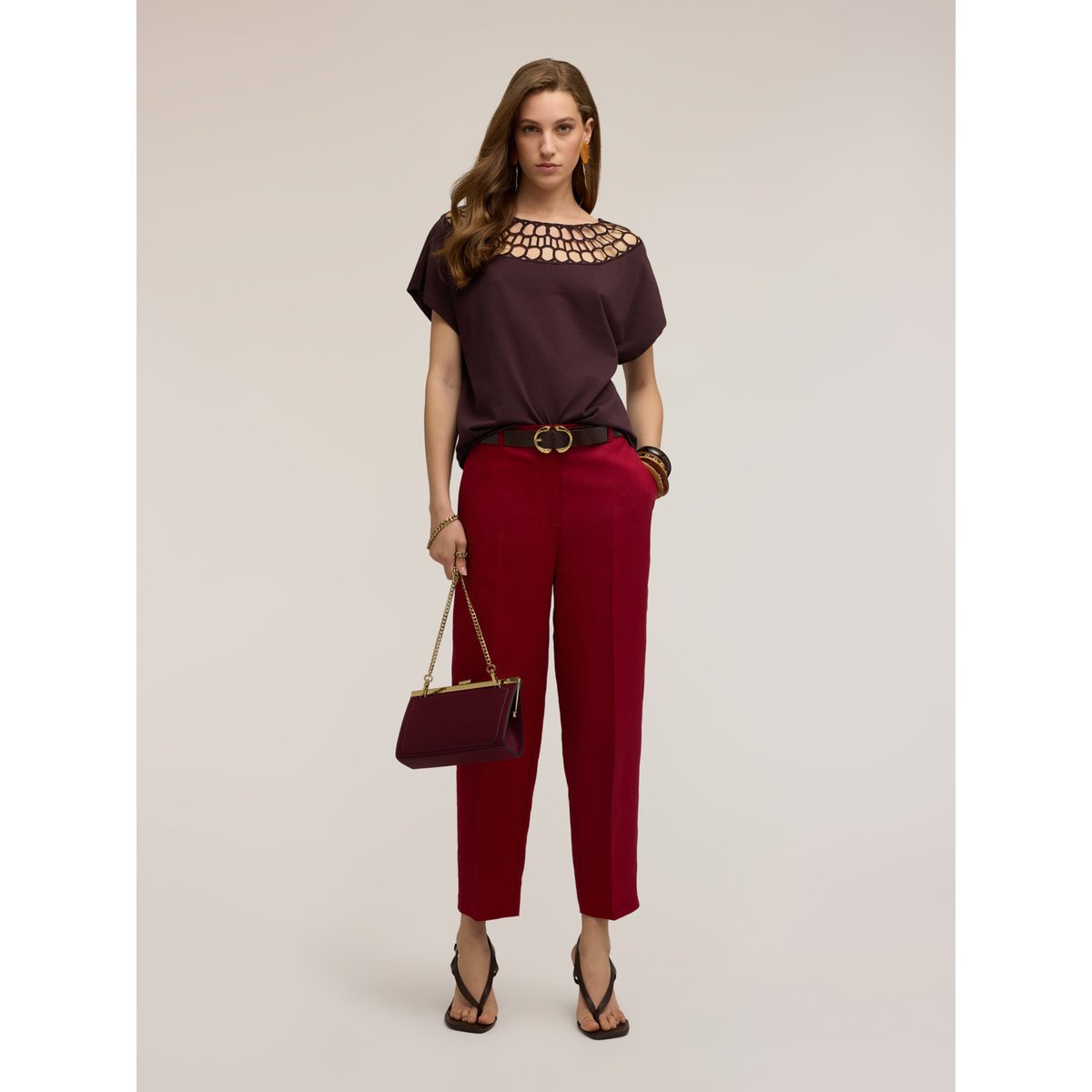 T-shirt avec finition effet dentelle marron, MOTIVI