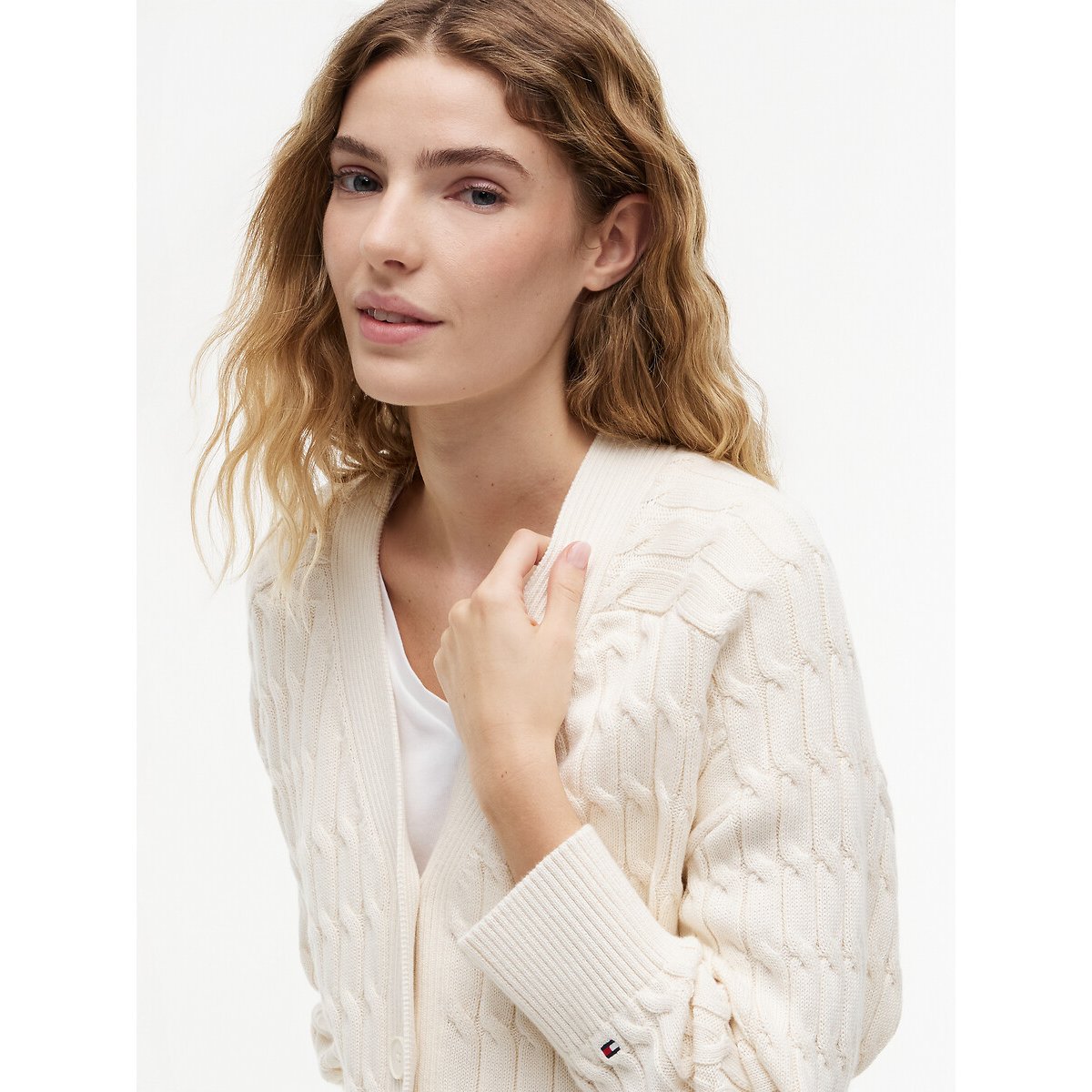 Cardigan boutonné col V torsadé ivoire, TOMMY HILFIGER