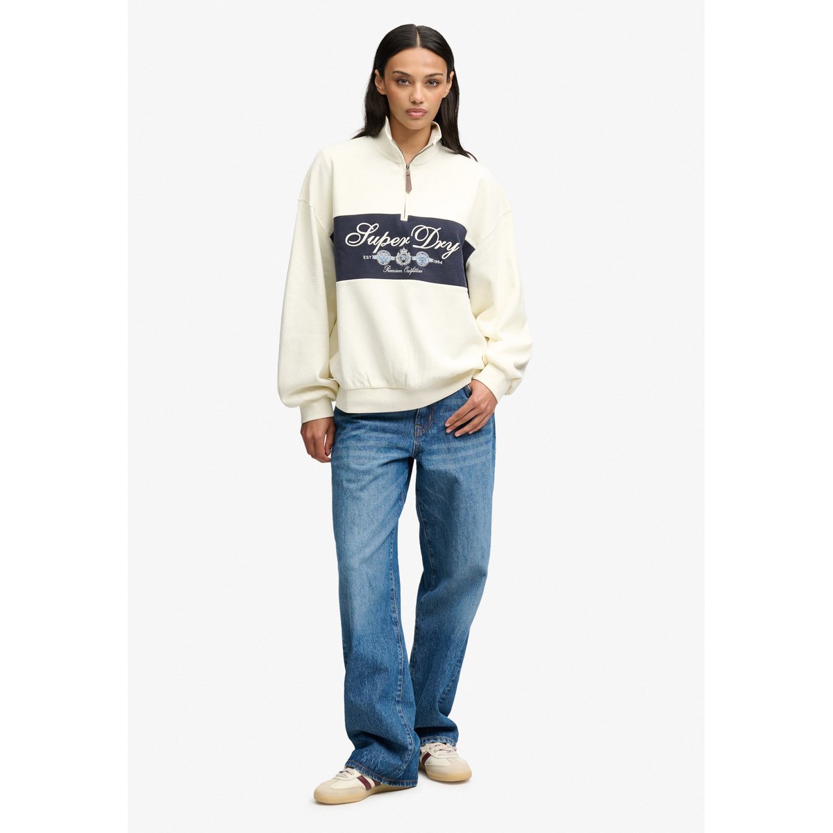 Sweat Ornate Script Half Zip Coupe Décontractée crème, SUPERDRY