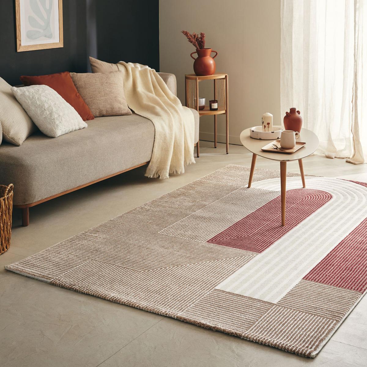Tapis salon et chambre tissé motif géométrique ECHO 2 mauve, rose, gris, UN AMOUR DE TAPIS