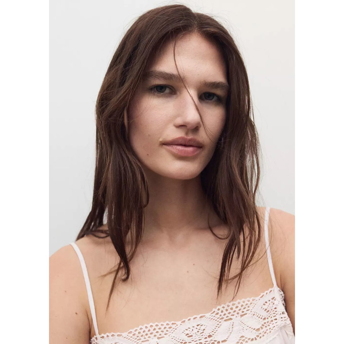 Top coton bretelles dentelle blanc, MANGO