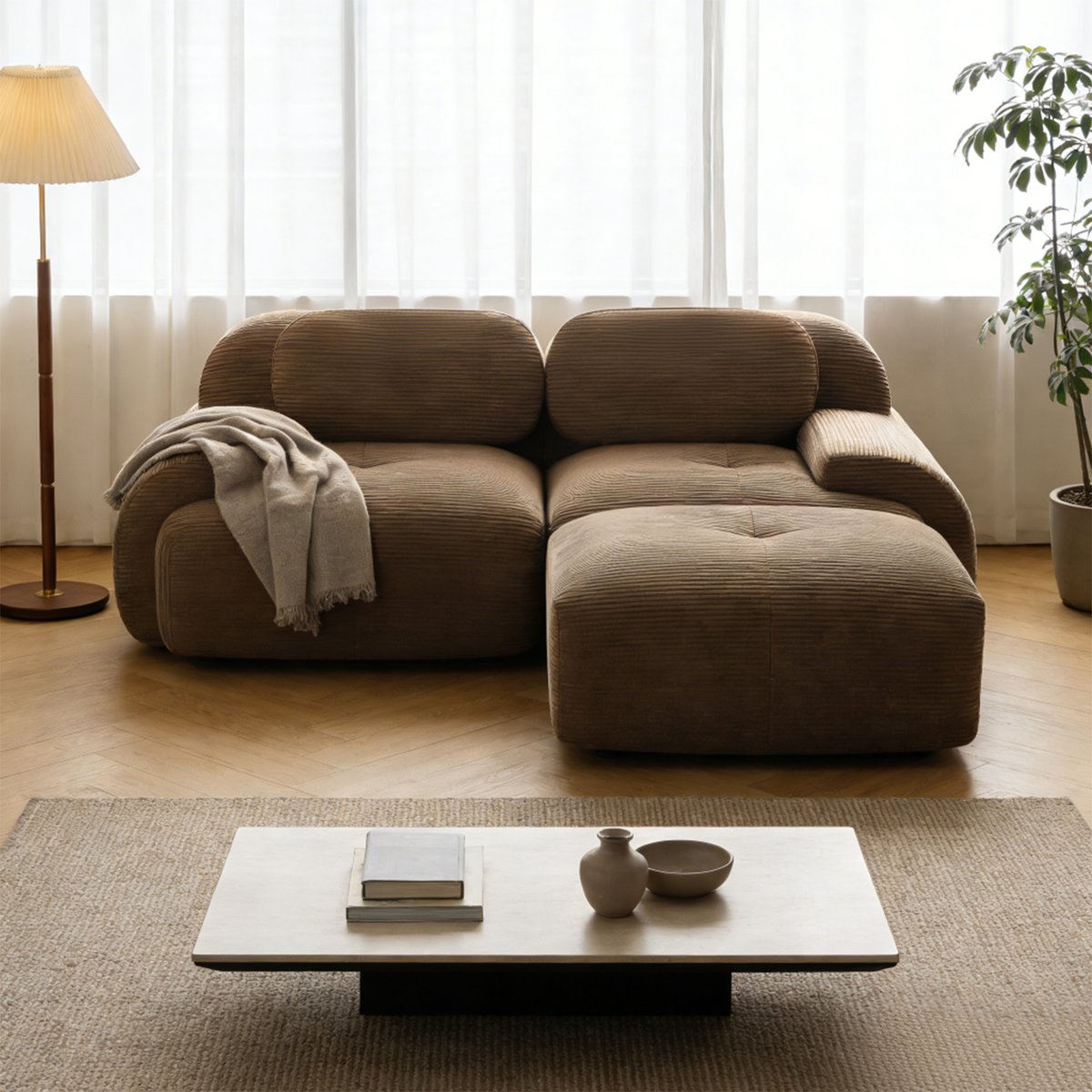 Canapé d'angle réversible 2 places avec pouf en velours côtelé, SNOW marron, MEUBLES COSY