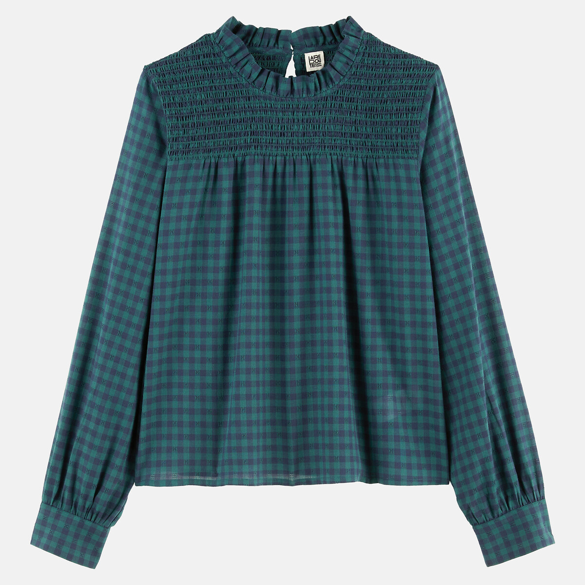 Camicetta a quadri, con arricciatura, colletto a balze quadri blu/verde , LA REDOUTE COLLECTIONS