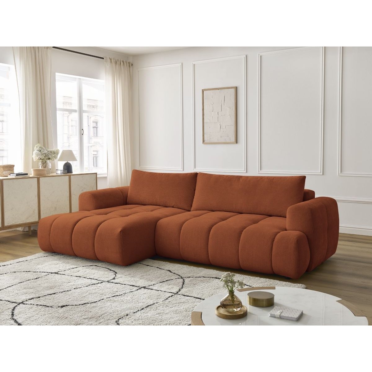 Canapé d'angle convertible 3 places en tissu lisse, FUJI orange, BOBOCHIC