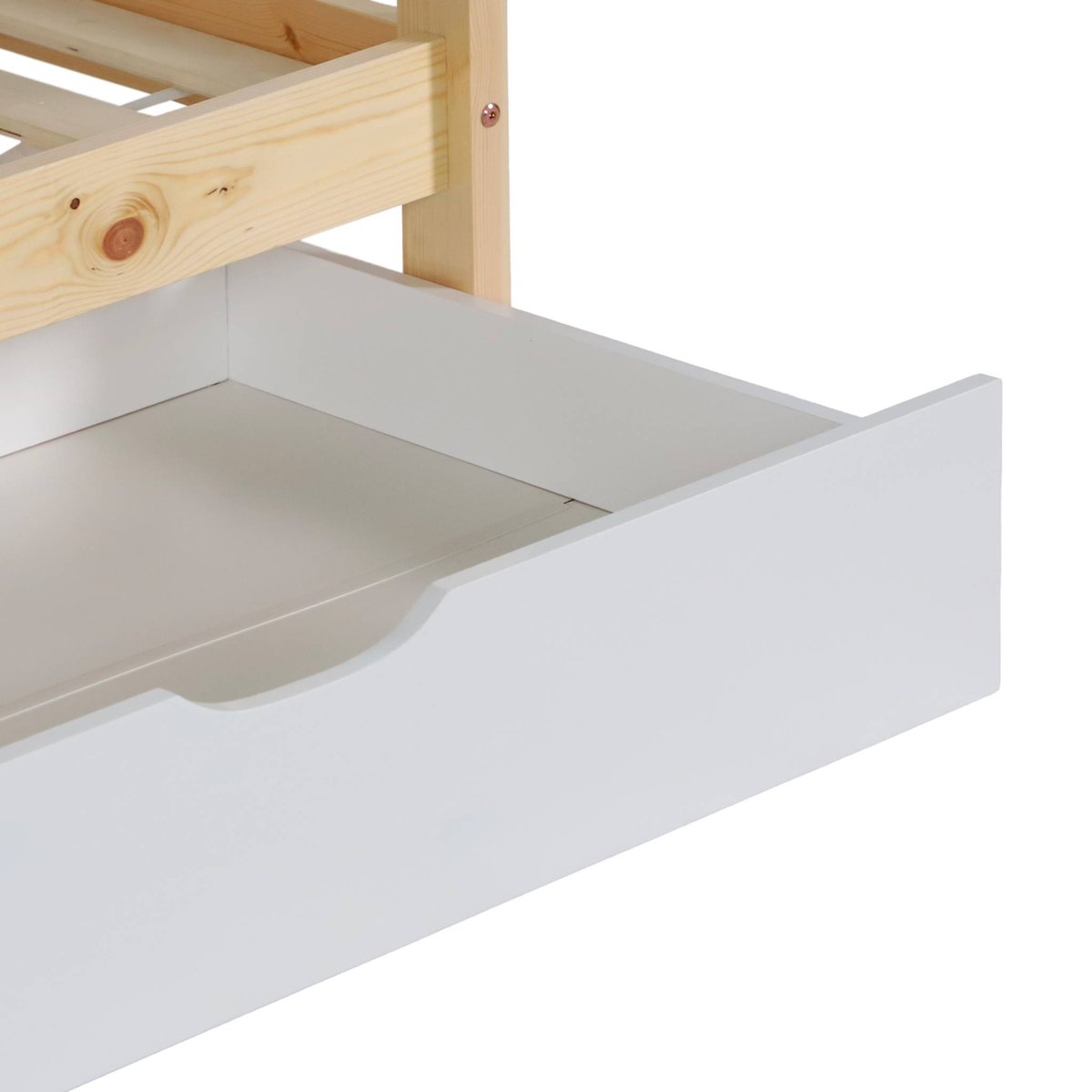Lit enfant superposé cabane 90 x 190 cm pin naturel avec tiroirs de rangement ROYA blanc, SWEEEK