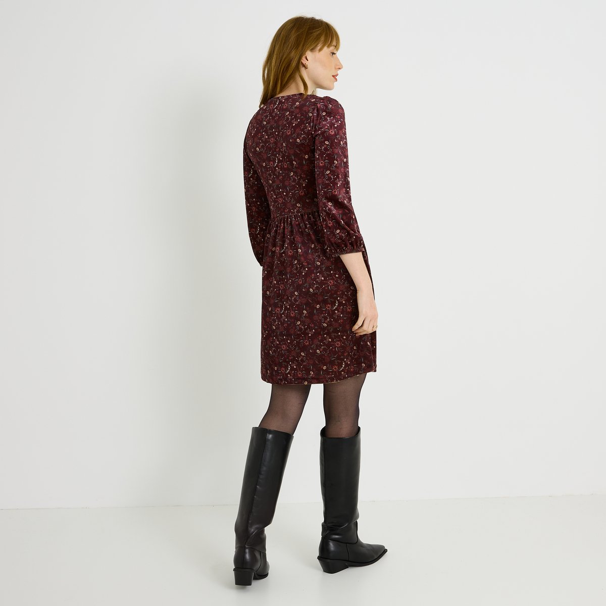Robe fluide longueur genou à col V orange bordeaux, GRAIN DE MALICE