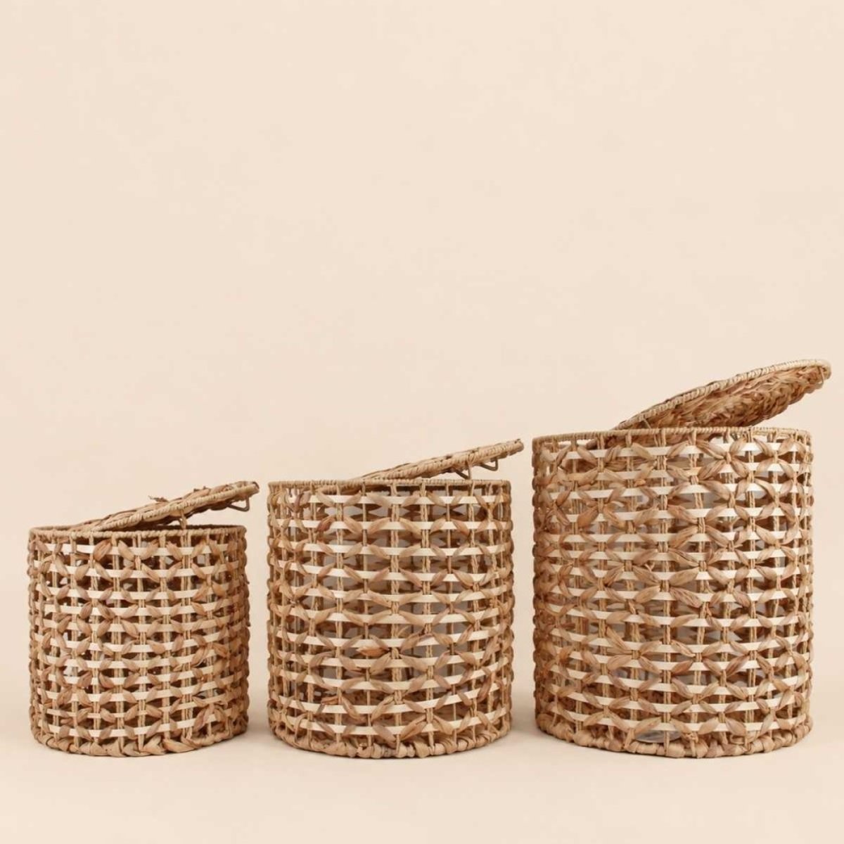 Set de 3 paniers à couvercle en jacinthe d'eau tressée naturel, ORNAMI