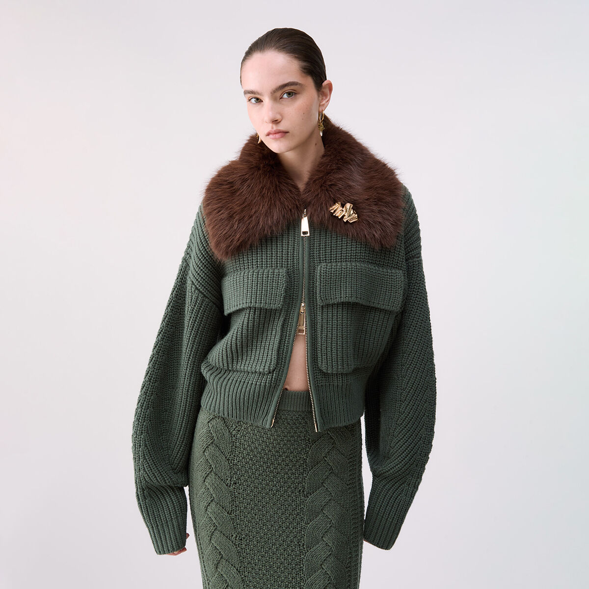 Bomber en laine avec col teddy vert foncé, LIU JO
