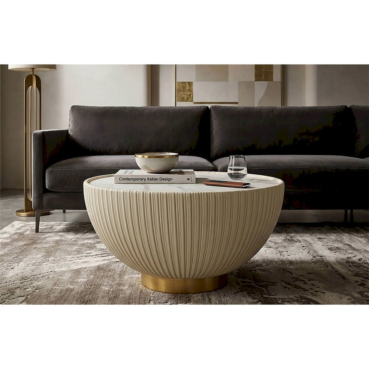 Table basse ronde effet marbre base cannelée GLAM crème, doré et blanc, RECOLLECTION