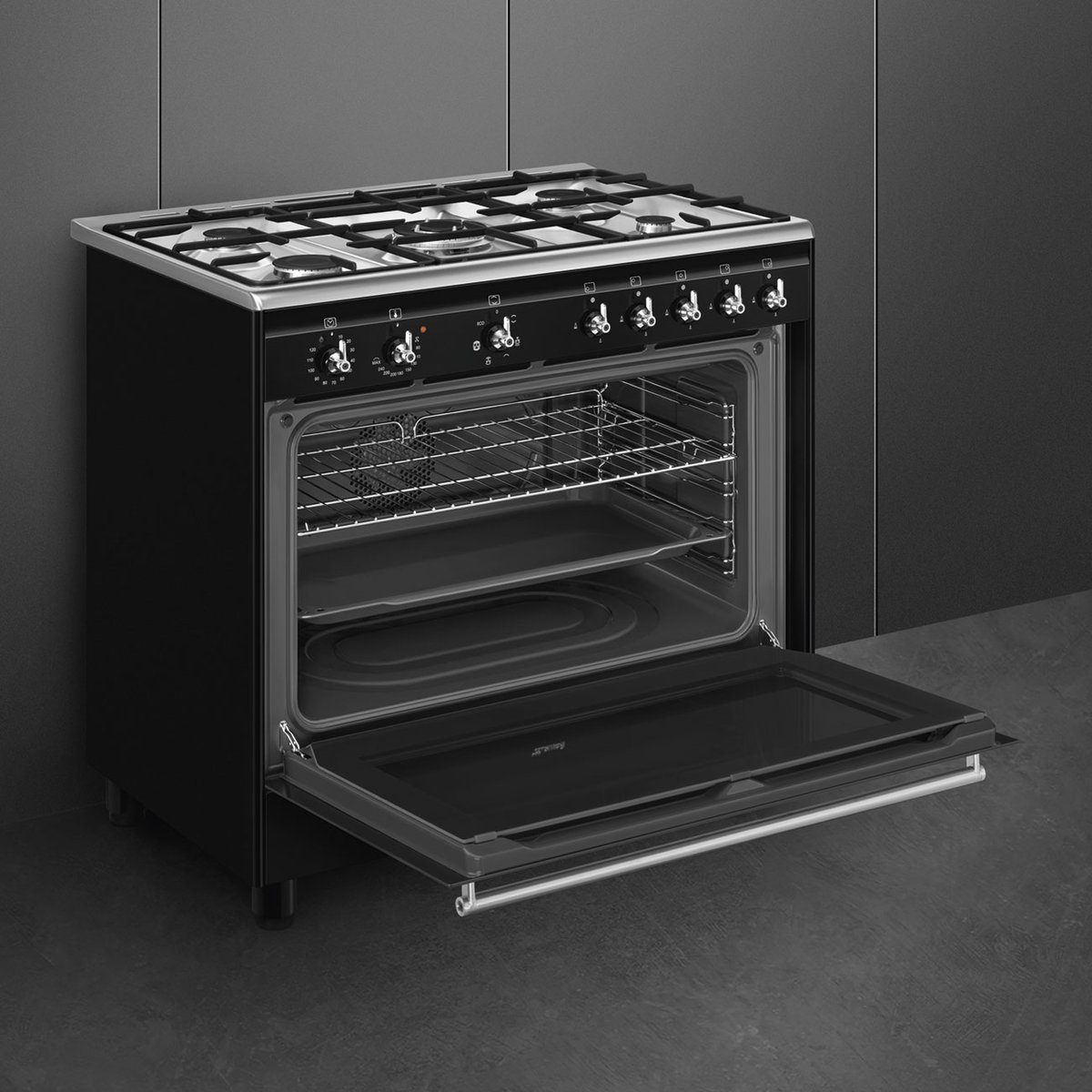 Piano de cuisson gaz 5 feux 90 cm noir brillant, SMEG