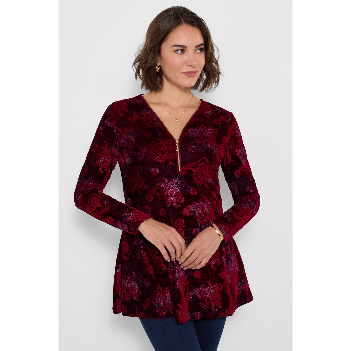 Tunique Imprimée en Velours Zippée Hazel rouge, JOE BROWNS
