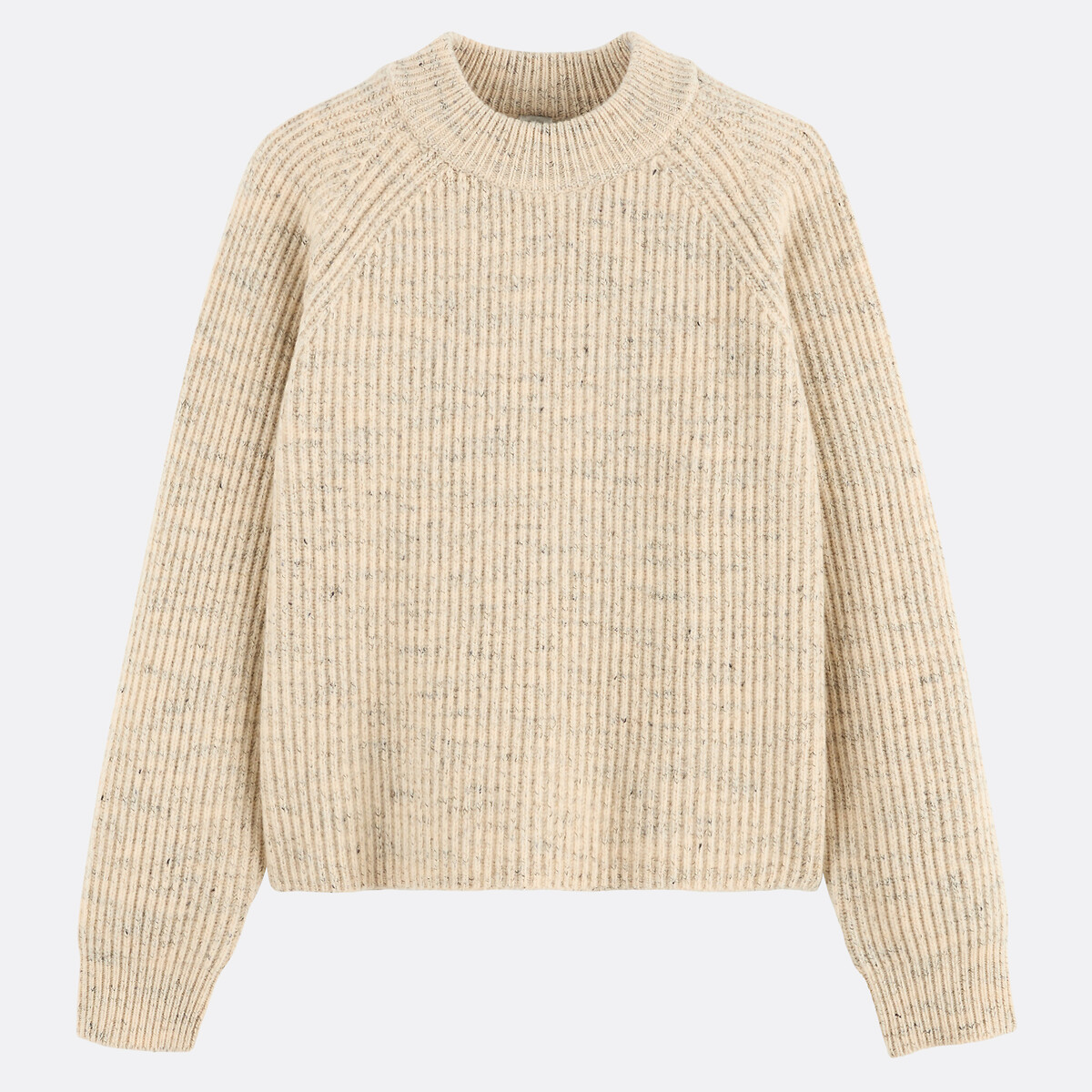 Pull col rond côtelé, en laine mélangée chinée ecru, LA REDOUTE COLLECTIONS