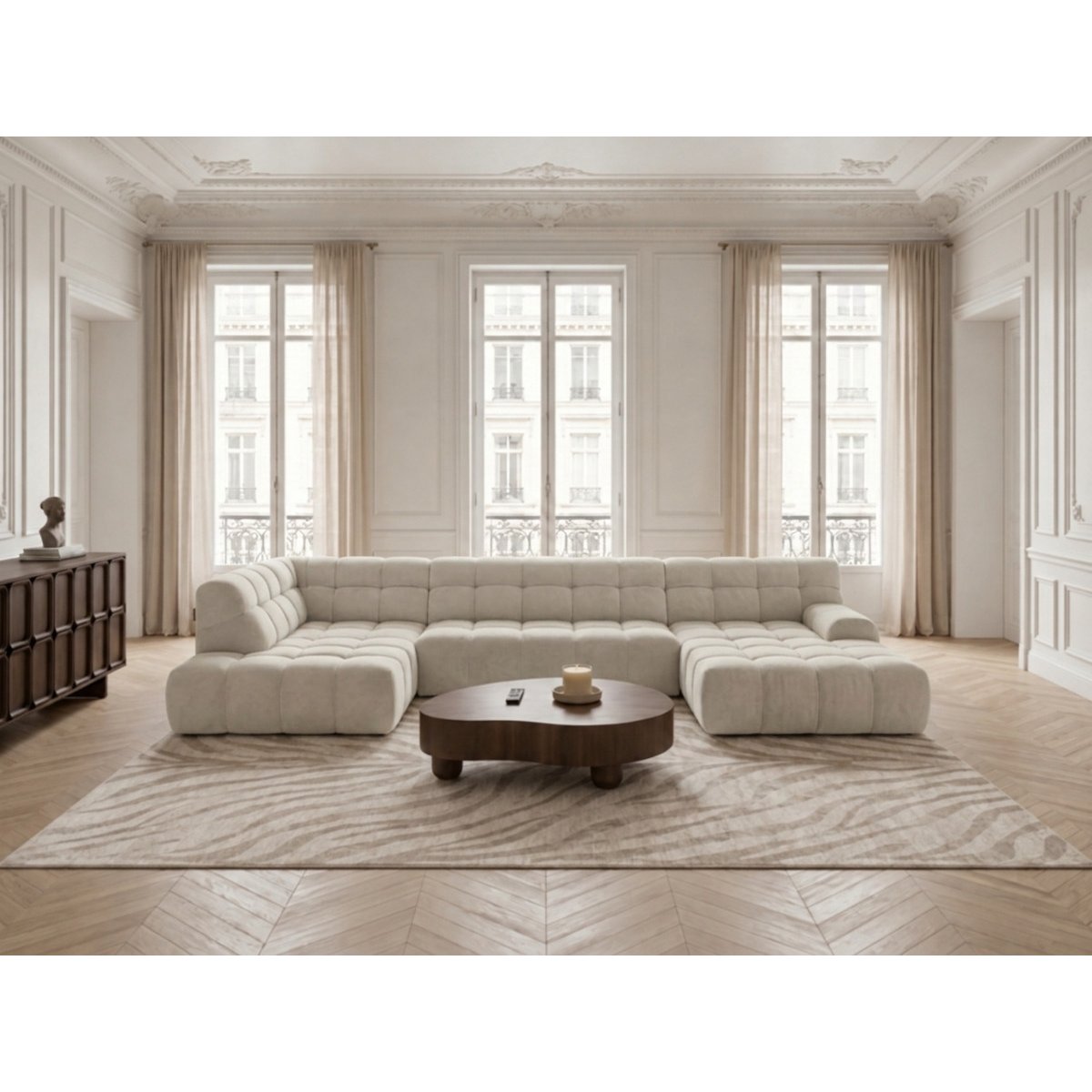 Canapé d'angle convertible 4 places en tissu texturé, ANDRE blanc, BOBOCHIC