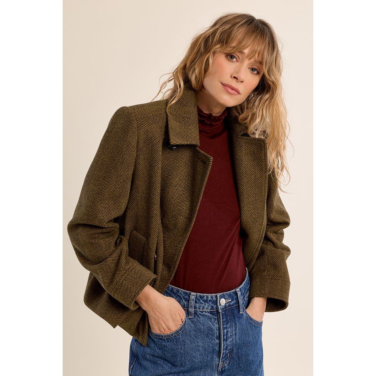 Veste courte à chevrons khaki, MOLLY BRACKEN