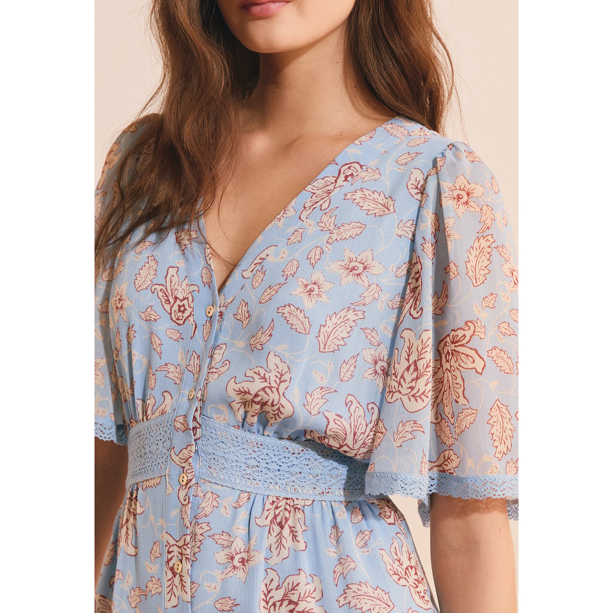 Robe courte col v à motifs ROMAN IMP imp bleu vert, ETAM