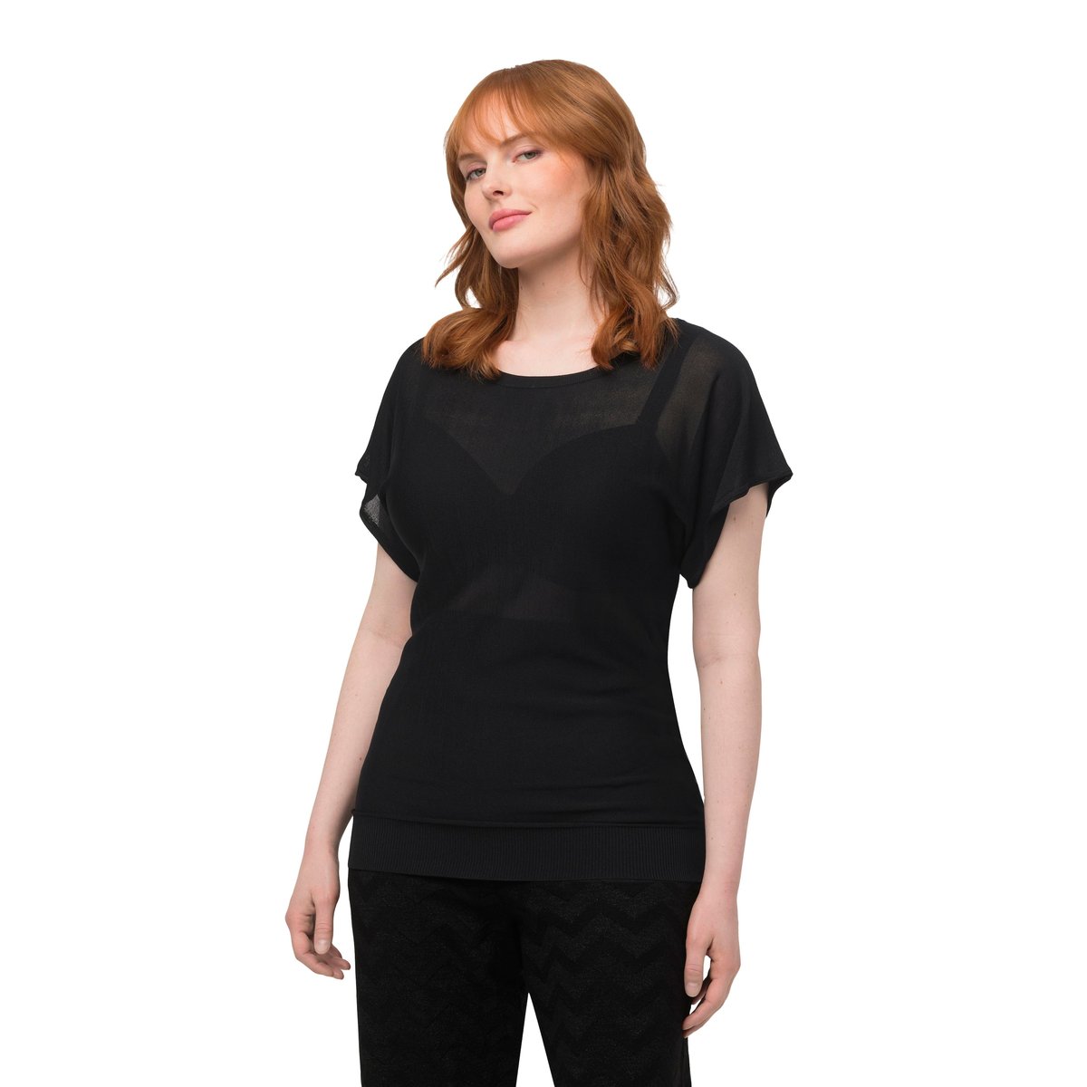 T-shirt en lin mélangé à col rond et manches noir, ULLA POPKEN