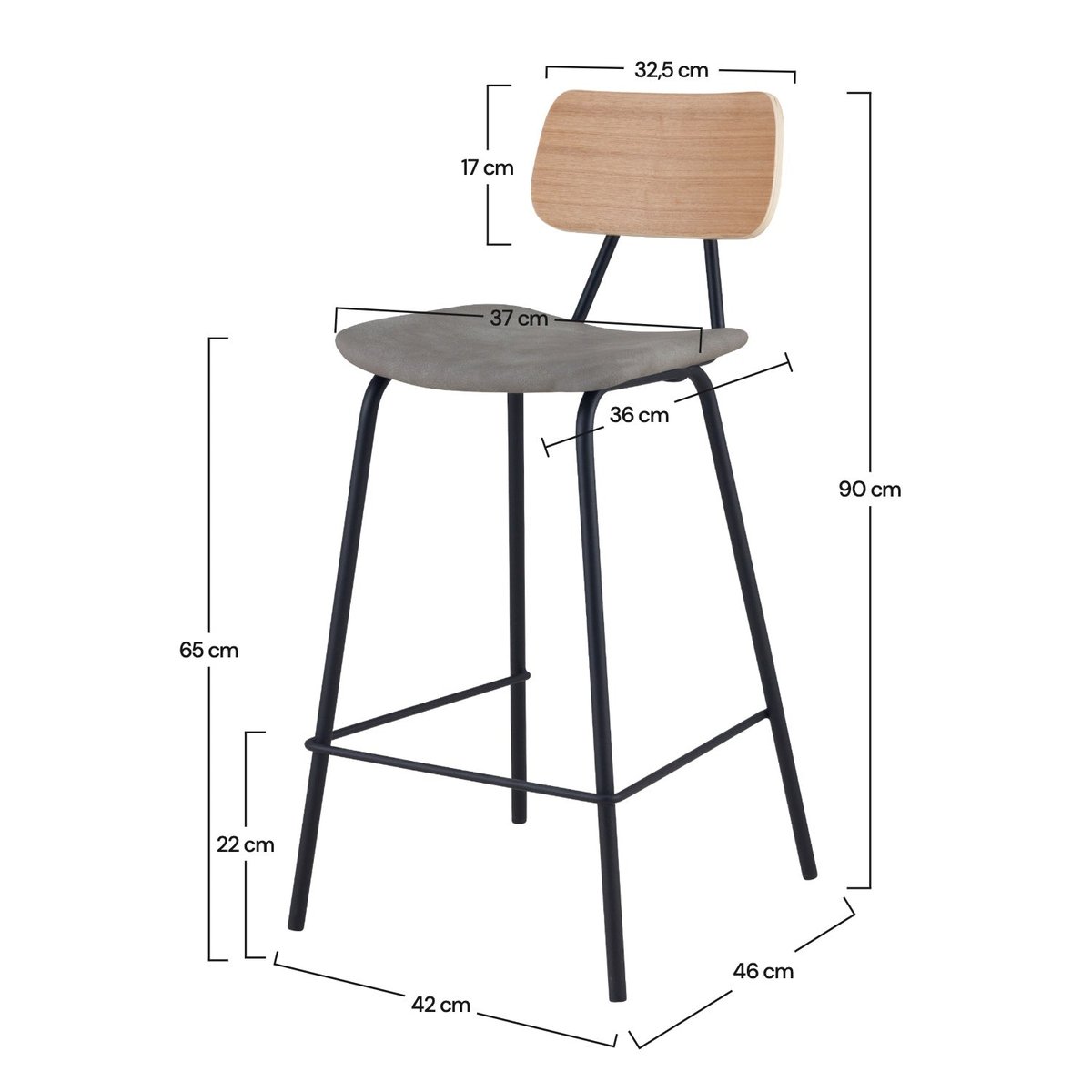 Lot de 2 chaises pour îlot central 65 cm en cuir synthétique - MADRAGUE gris et bois clair, MAISON PAVANE
