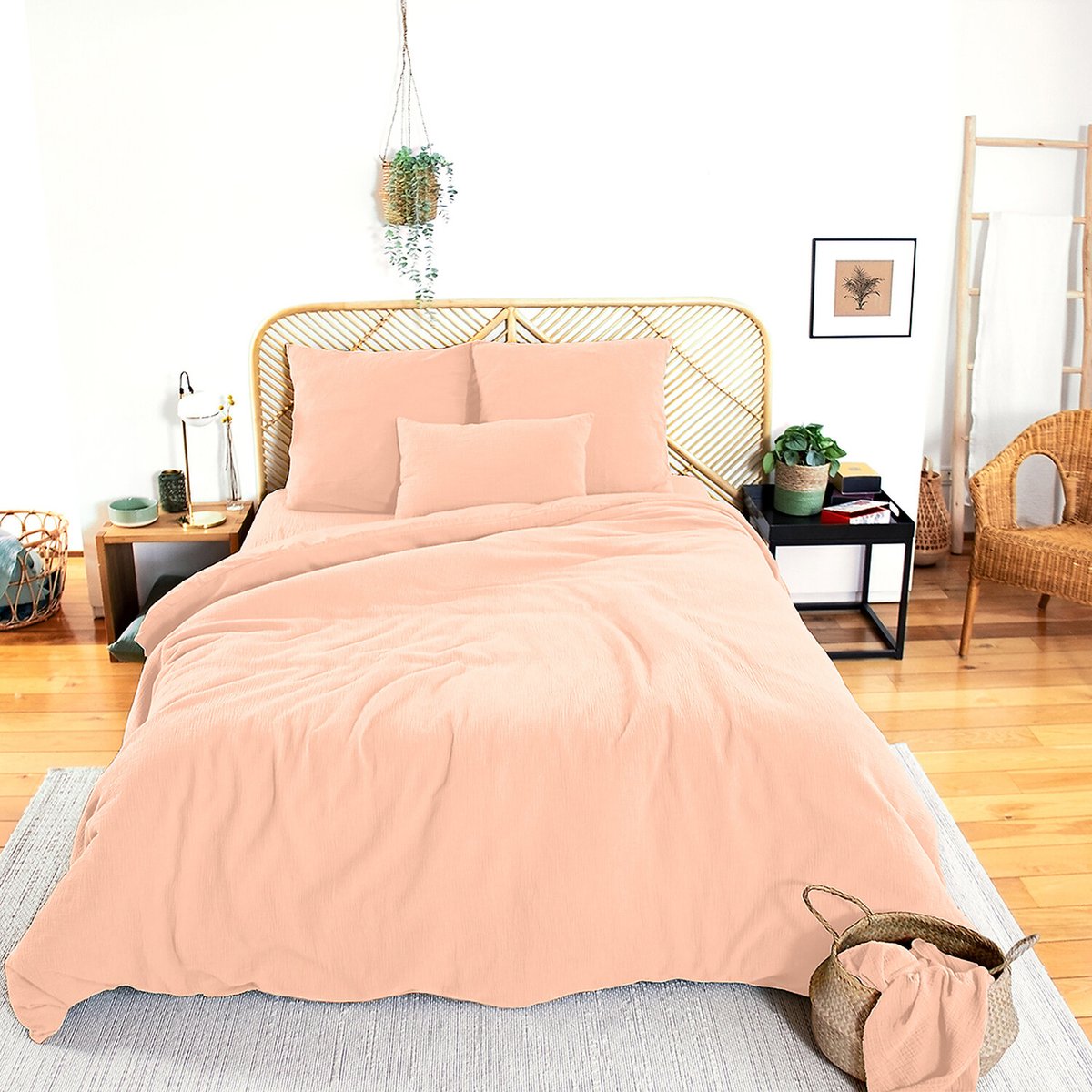 Parure housse de couette en gaze de coton unie, OZEN pêche, C DESIGN HOME TEXTILE