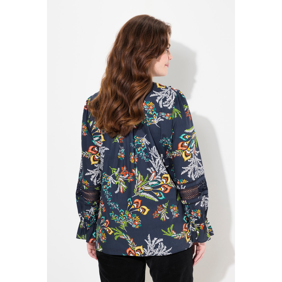 Blouse à col en V et manches longues marine, ULLA POPKEN