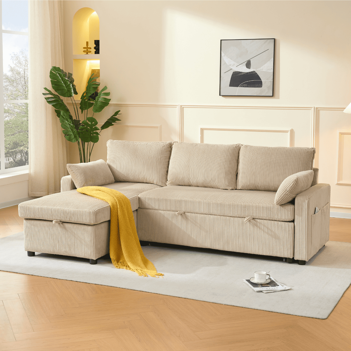 Canapé convertible 3 places en velours LOUISON beige, CALICOSY