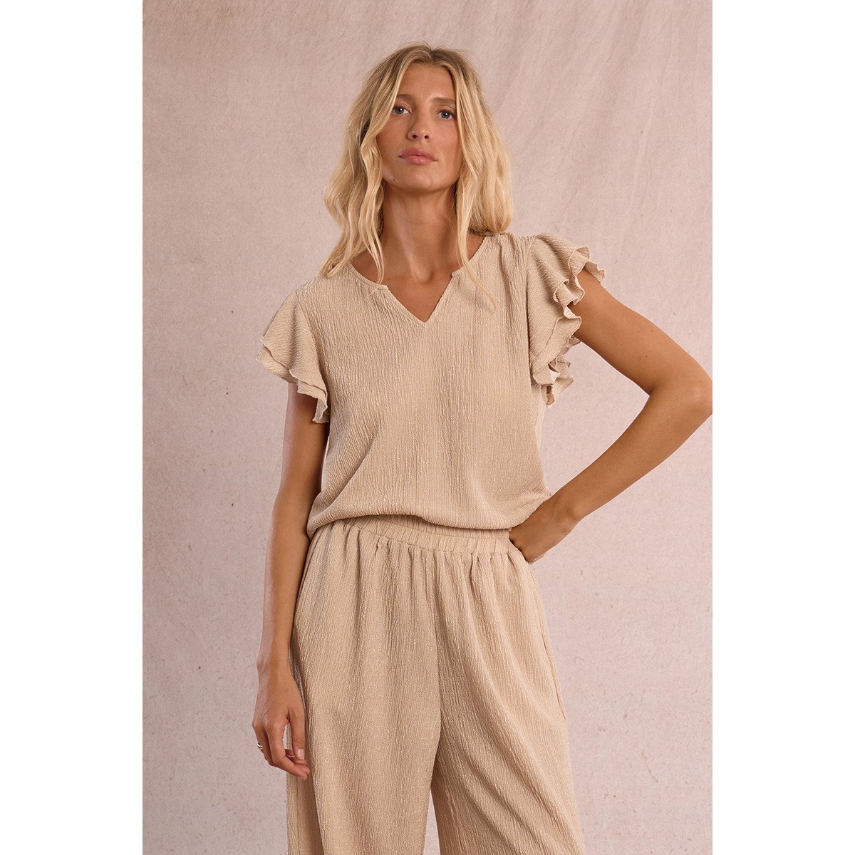 Top manches courtes volantées beige, MOLLY BRACKEN