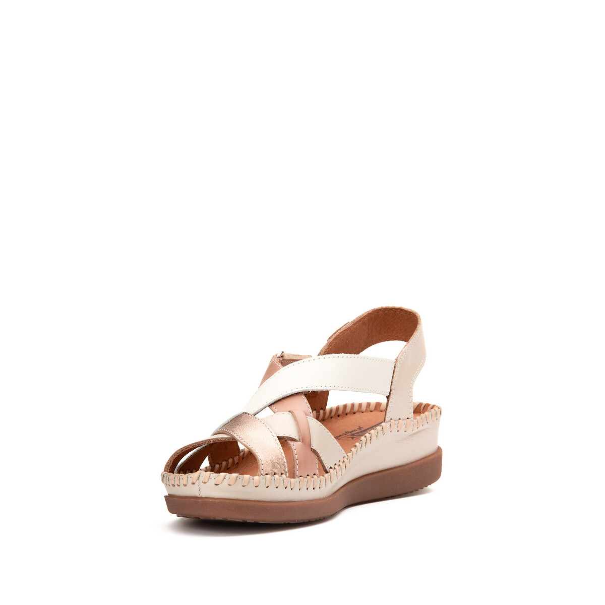 Sandales en cuir talon compensé beige/argent, PIKOLINOS