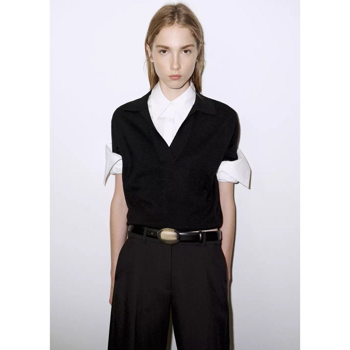 Pull-over laine col polo noir, MANGO