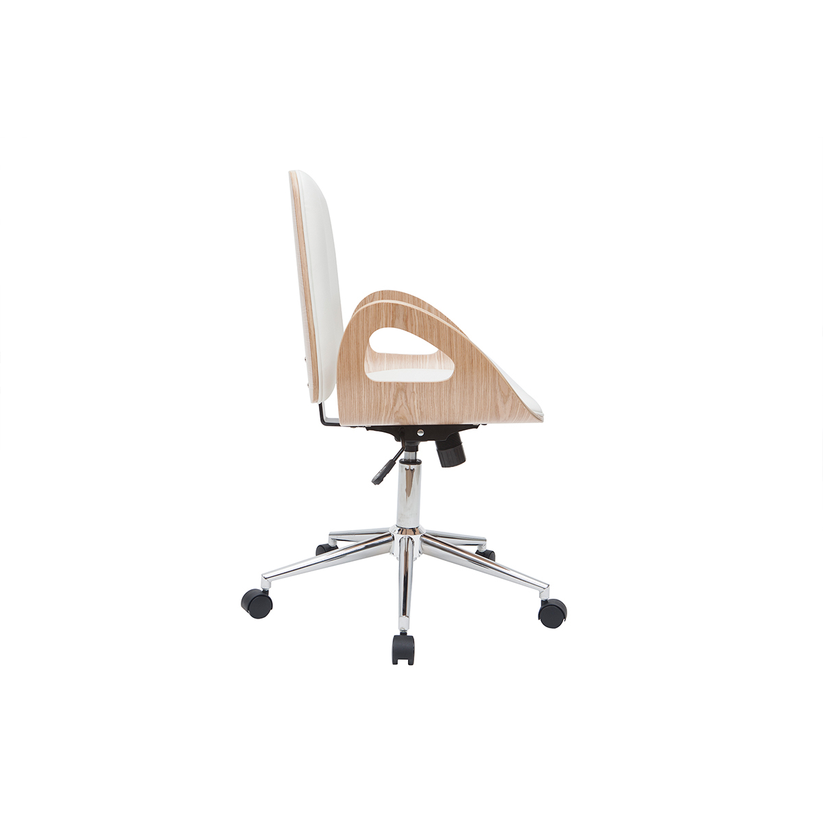 Chaise de bureau à roulettes design blanc, bois clair et acier chromé GLORY blanc, MILIBOO