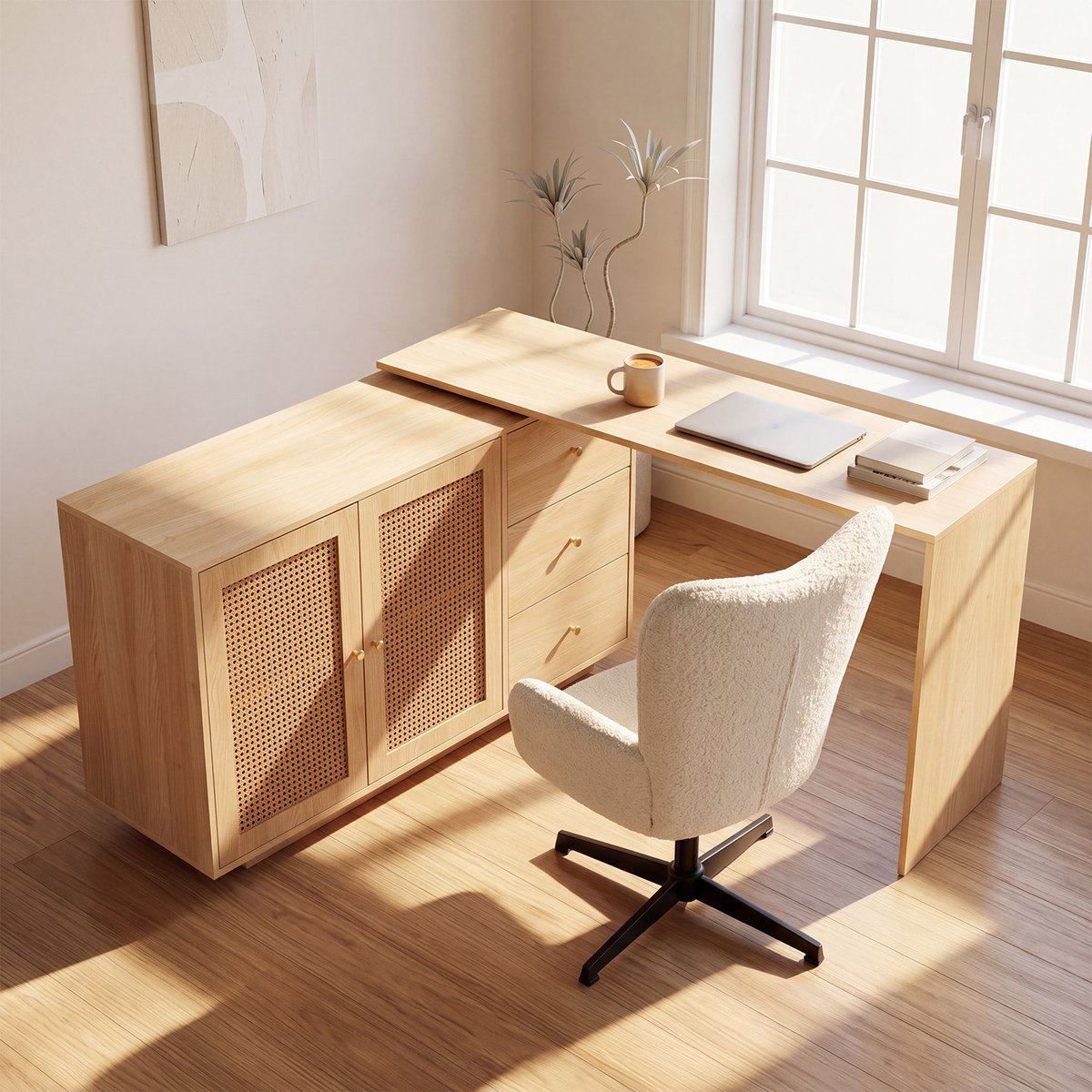 Ensemble de bureau d’angle rotatif avec portes rotin et chaise de bureau, DICCPERNFUCHS blanc, MEUBLES COSY