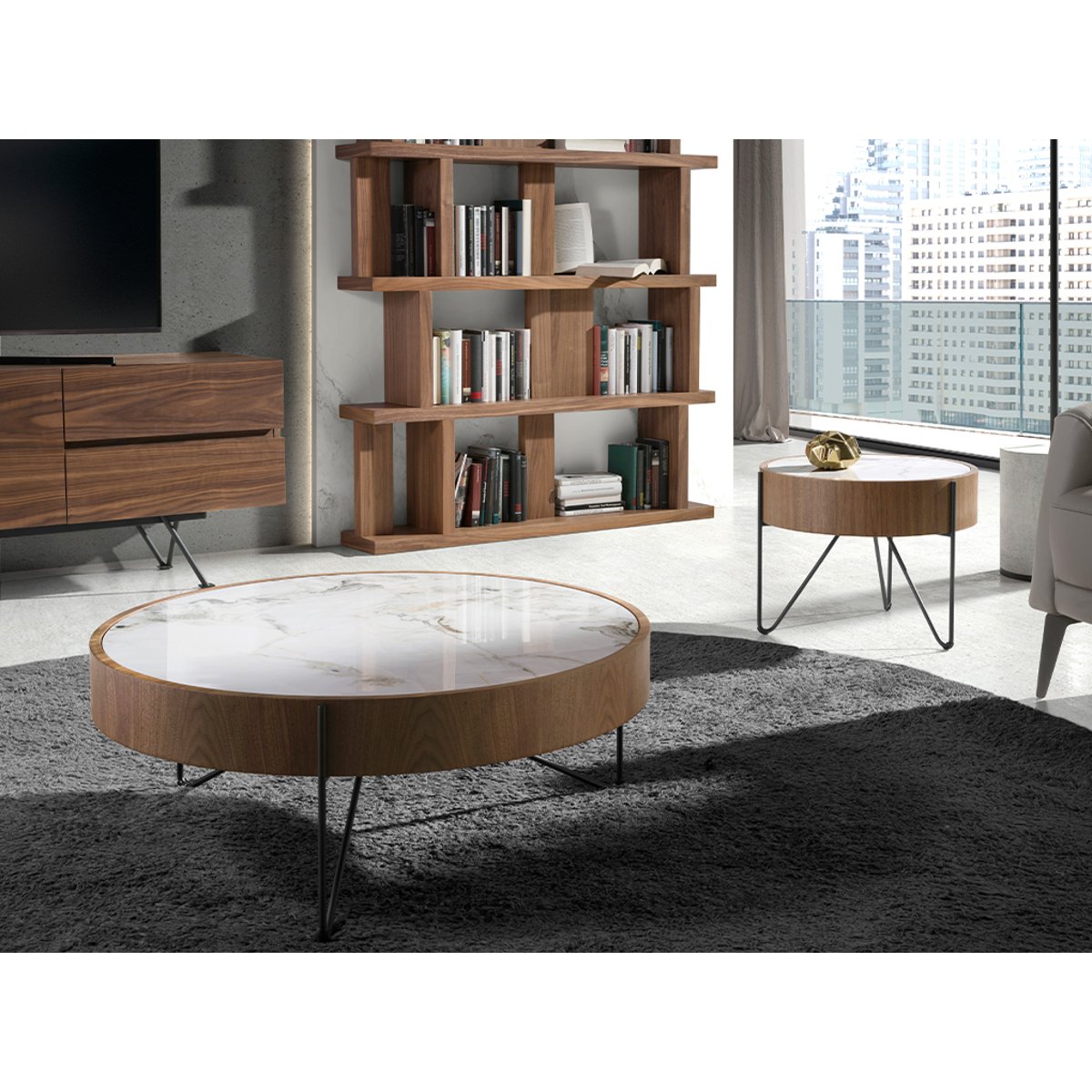 Table basse ronde en marbre porcelaine, noyer et acier noir noyer | blanc | noir, ANGEL CERDA