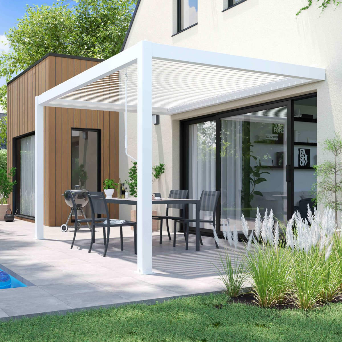 Pergola bioclimatique adossée blanche 3x4m et 1 Store 2,66 x 2,34 m blanc, OVIALA