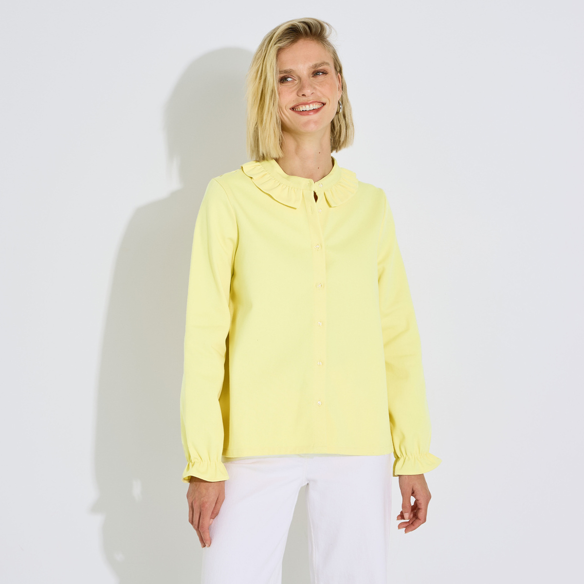 Chemise unie col froufrou jaune, GRAIN DE MALICE