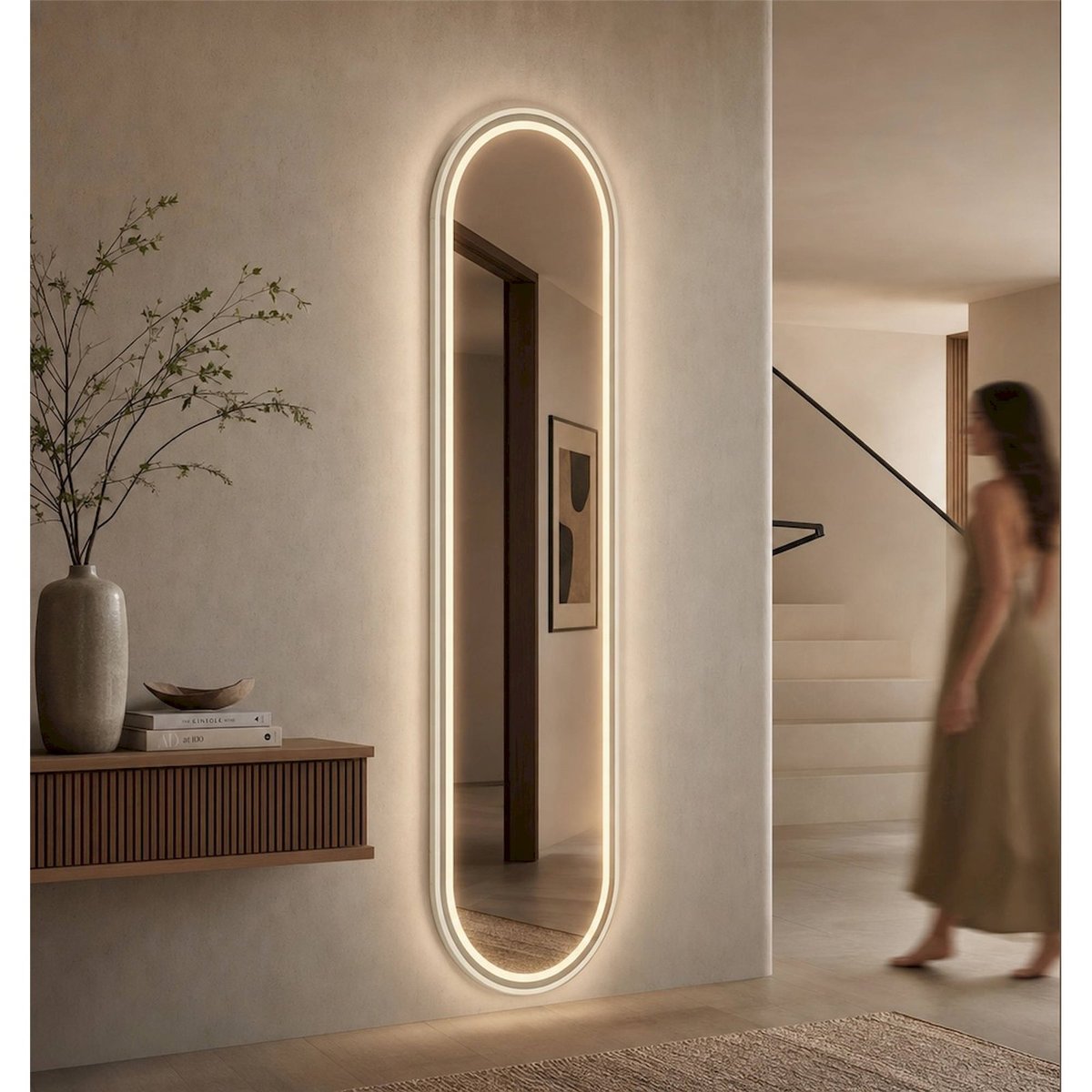 Miroir mural ovale LED cadre aluminium MODERN miroir et beige clair, RECOLLECTION