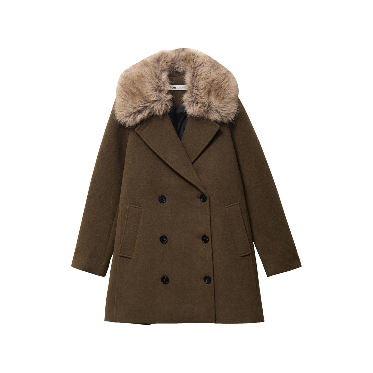 Manteau droit mi-long col tailleur vert kaki, CACHE CACHE