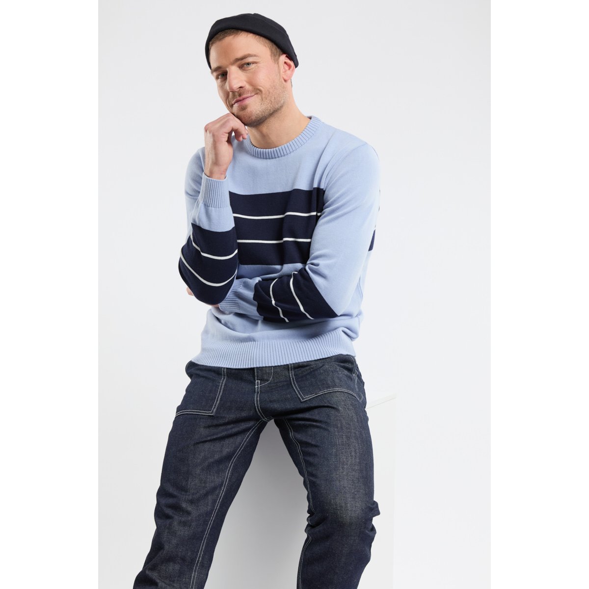 Pull bicolore en coton eventide/marine deep/blanc, GUY DE BERAC