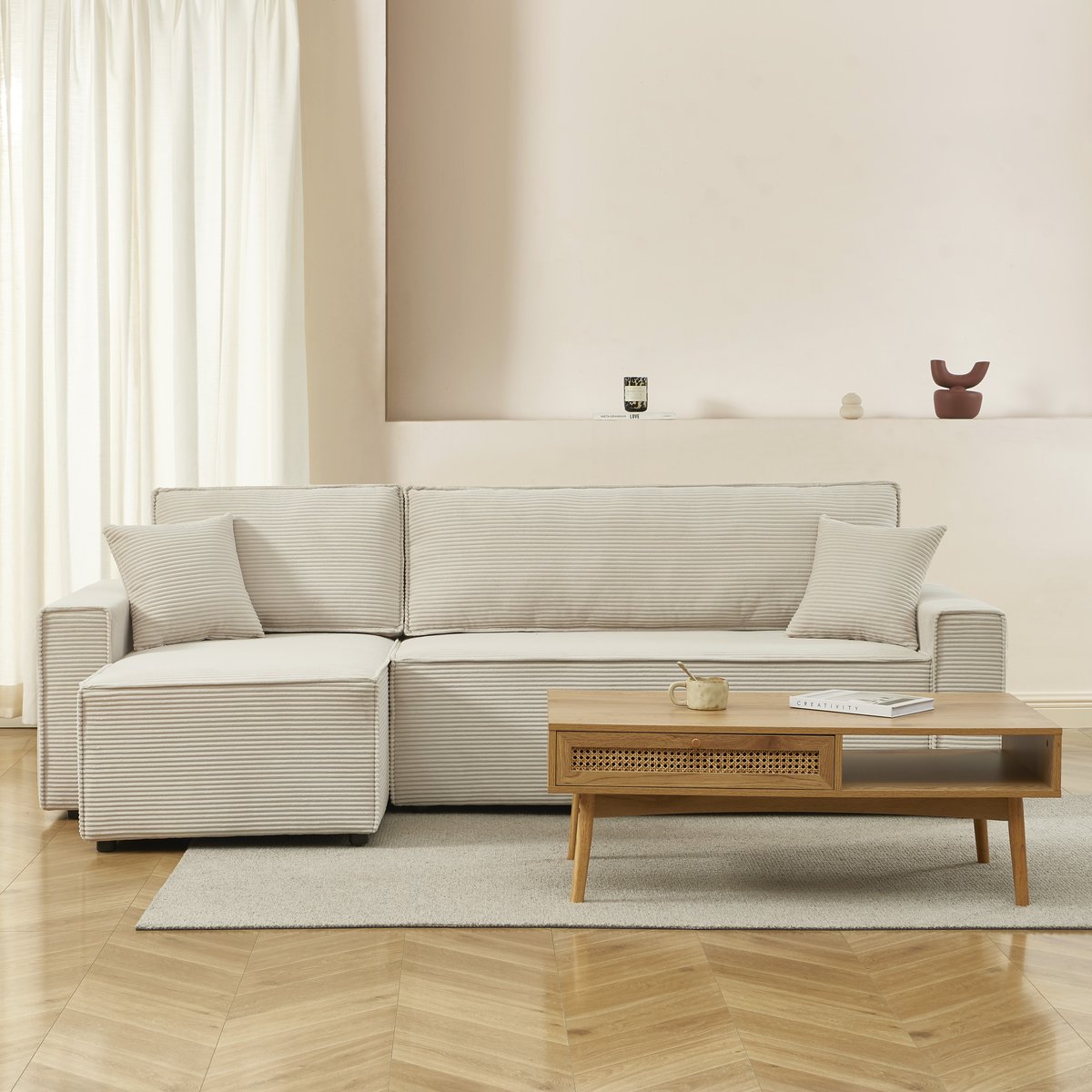 Canapé d'angle convertible velours ZOLA beige, BAÏTA