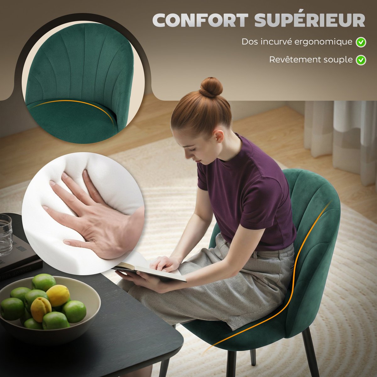 Chaise de salle à manger Velours (100 % vert foncé, noir, HOMCOM
