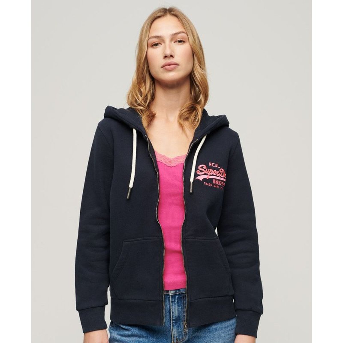 Sweat à capuche zippé à motif fluo bleu marine éclipse, SUPERDRY