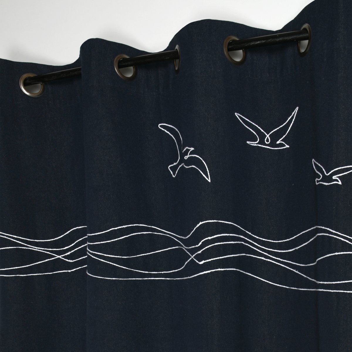 Rideau tamisant polycoton à œillets motif bord de mer bleu marine, LOVELY CASA