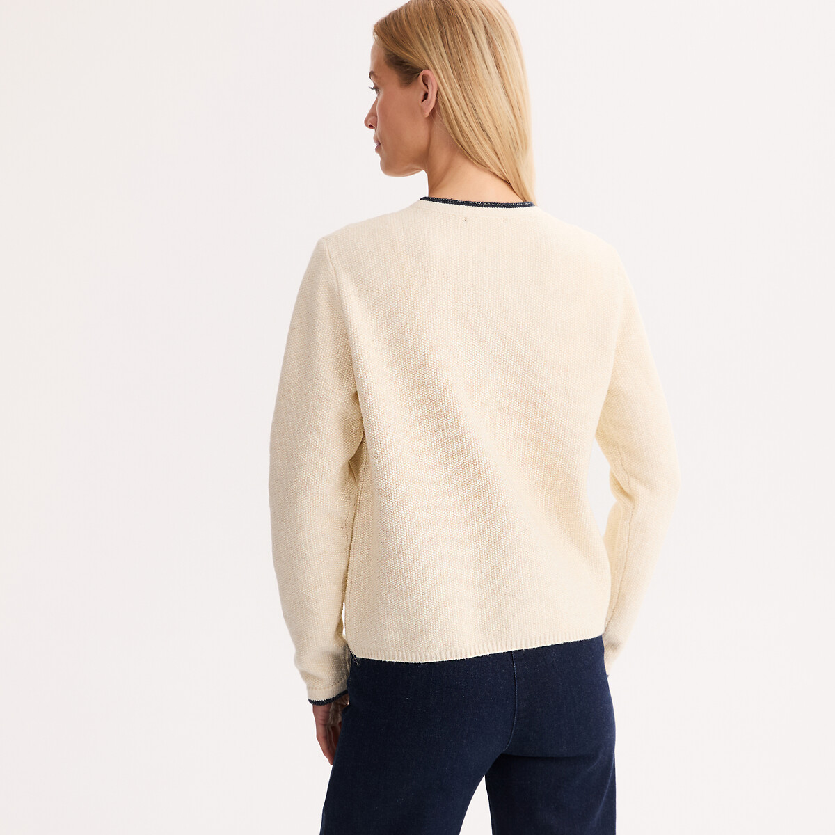 Fine Stretch Knit Contrast Edged Cardigan ecru/navy, ANNE WEYBURN