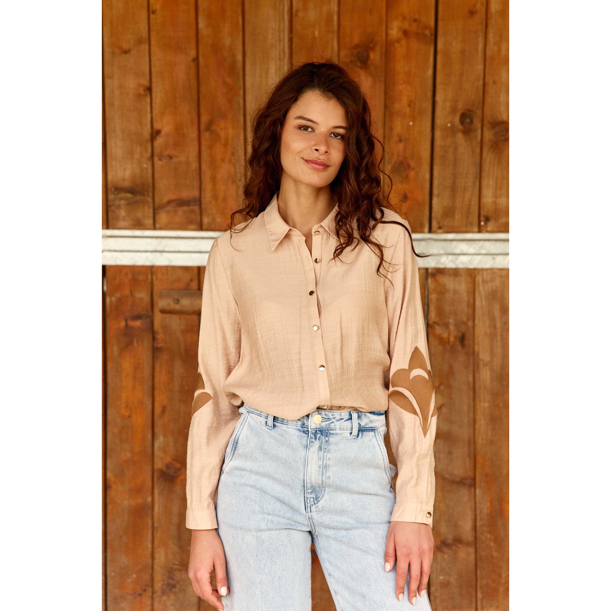 Chemisier manches longues col chemise imprimé broderie CLEMATITE 13-beige, LA PETITE ETOILE