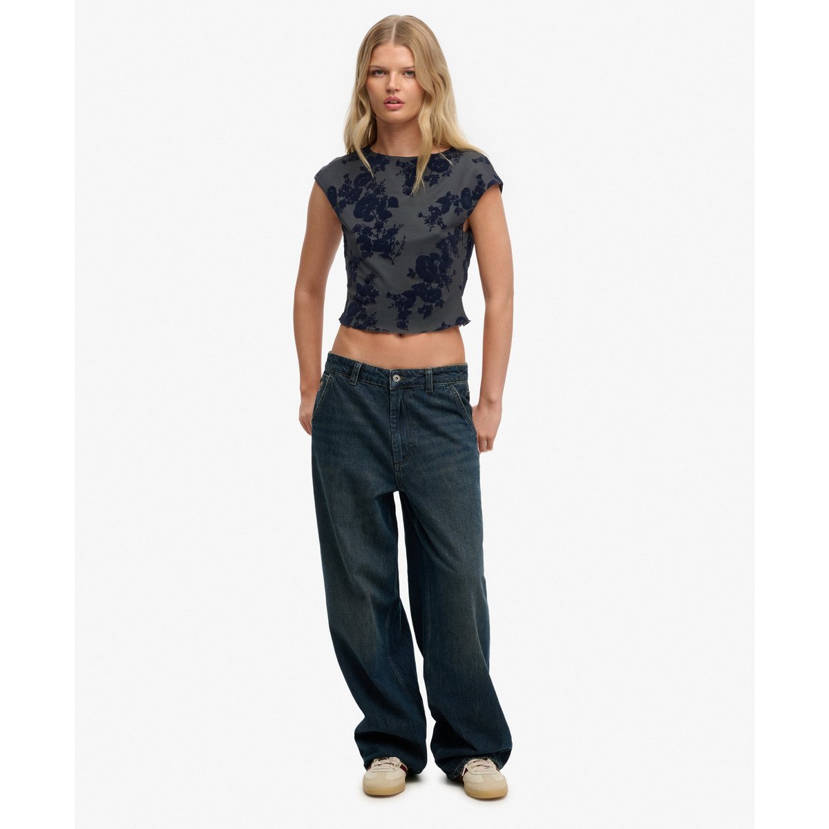Top à manches courtes en mesh floqué bleu minuit, SUPERDRY