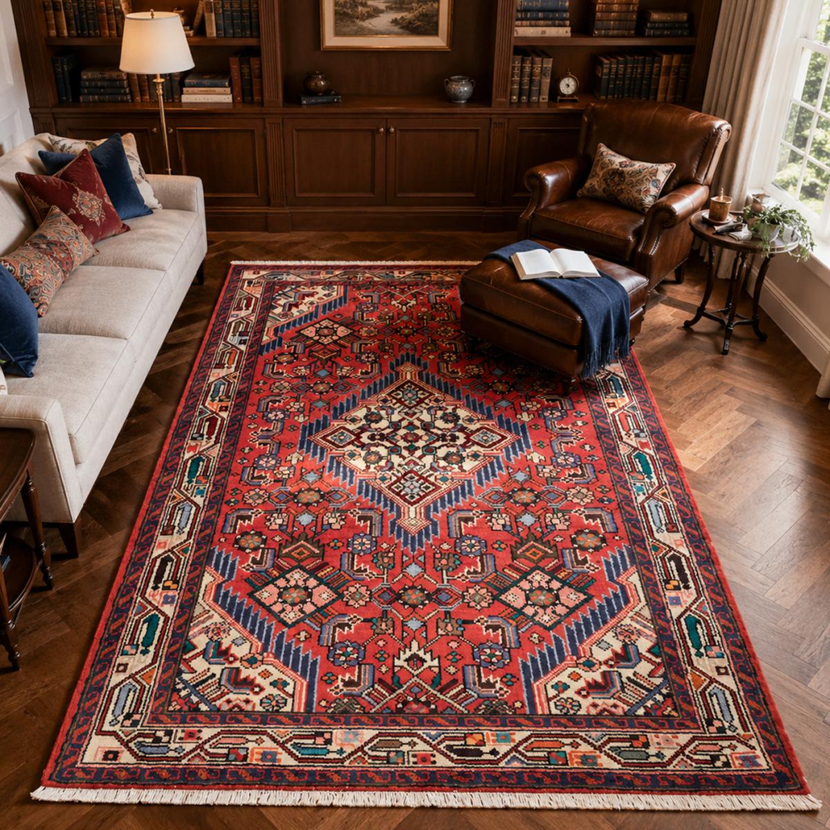 Tapis d'orient au motif oriental, noué main en laine, HAMADAN 25 rouge, bleu, crème, UN AMOUR DE TAPIS