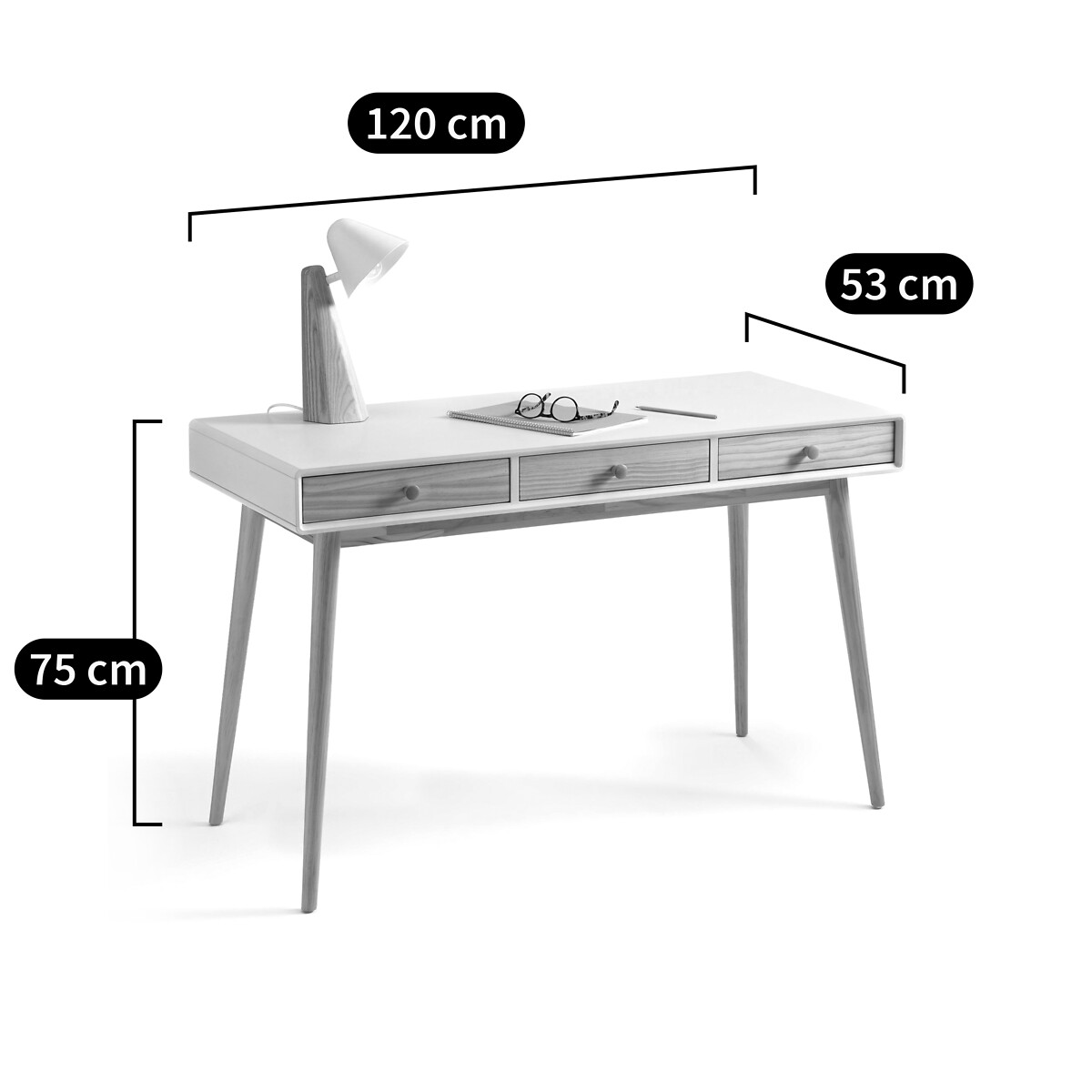 Jimi Desk with 3 Drawers white/wood, LA REDOUTE INTERIEURS