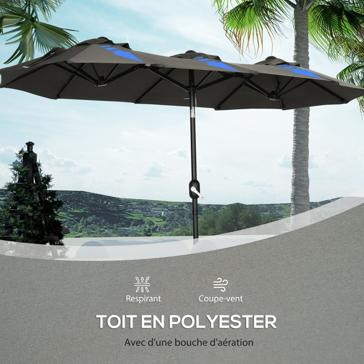 Parasol de jardin XL manivelle acier polyester haute densité gris, OUTSUNNY