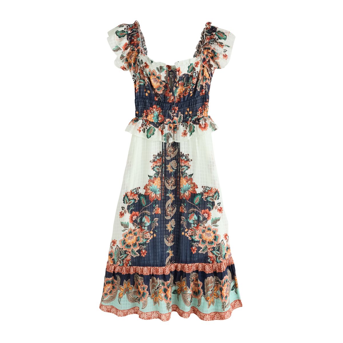 Robe à col carré et manches évasées bleu marine/pêche à motifs floraux, NEXT